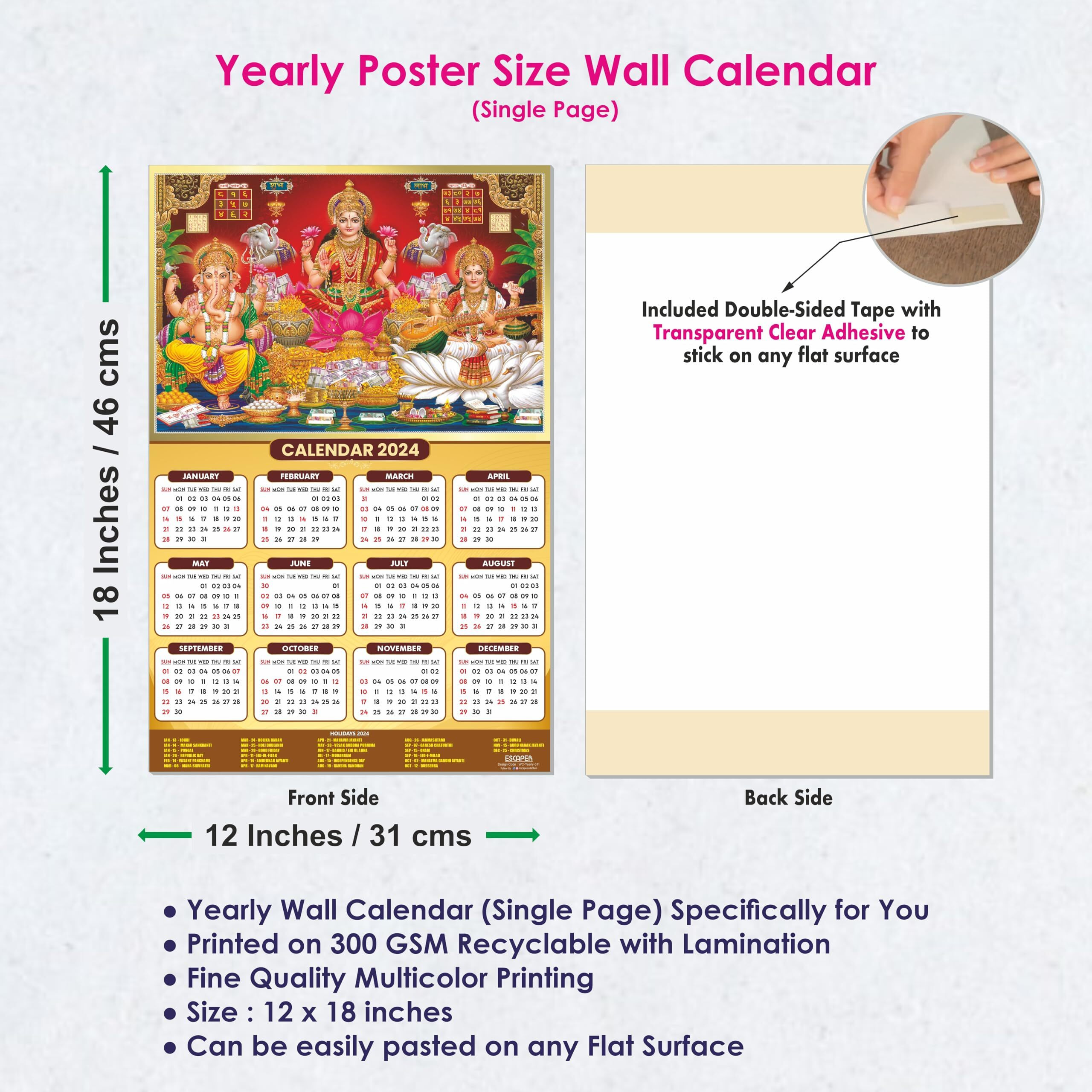 ESCAPER Saraswati Ganesh Laxmi Ji Calendar 2024 for Wall Unique Indian God Theme Wallpaper Easy Application Perfect New Year Gift (Pack of 10 Units)