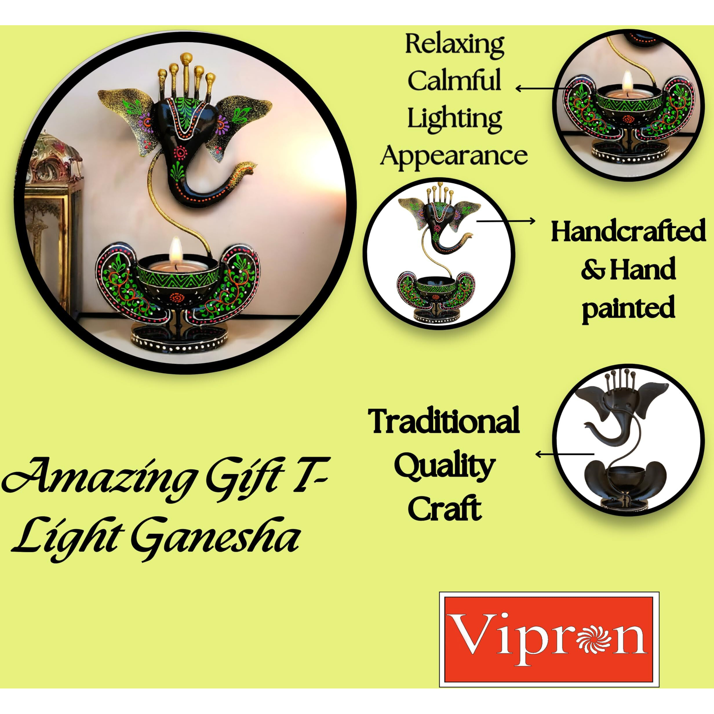 Vipron Iron T Light Ganesh Candle Holder showpiece candle stand Living room Home Decor (Black)
