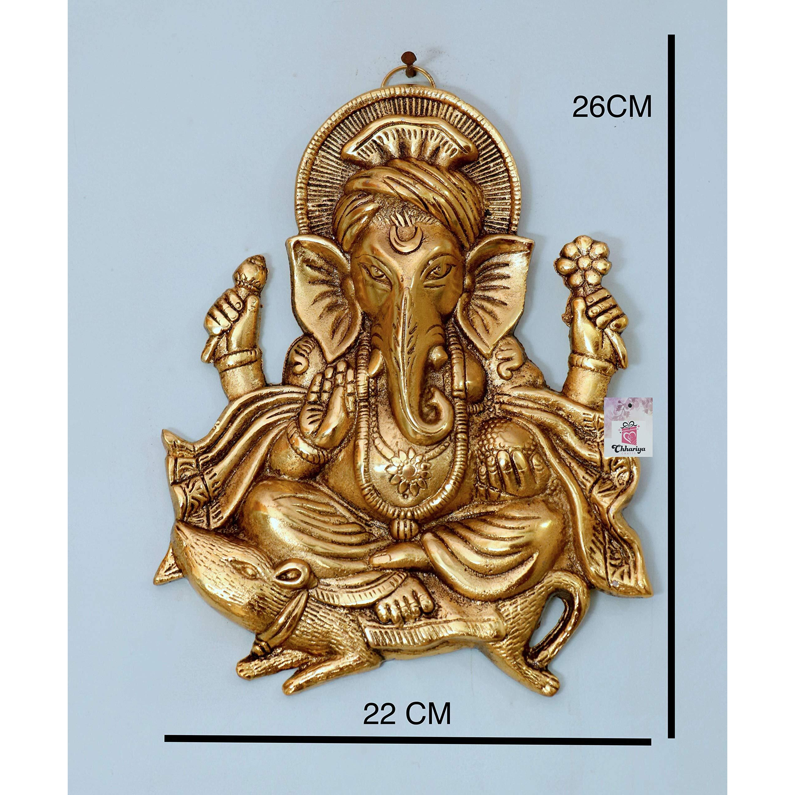 Chhariya Crafts Wall Hanging Lord Ganesh Idol Statue for Home Decor Decorative Showpiece - 26 cm (Metal, Gold)