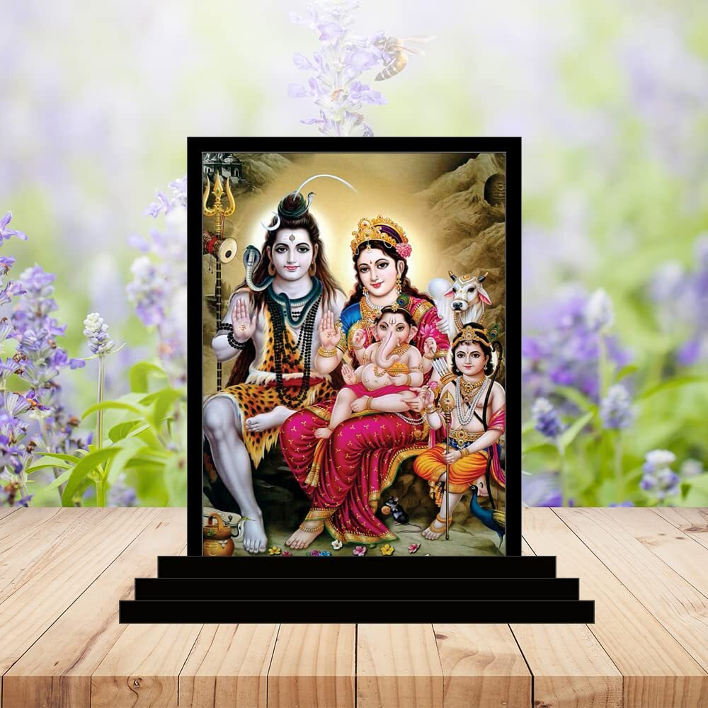 Vprint Quality Shiv Parivar Car Dashboard Idols Figurine (Wooden - Multicolor - Size 3X5 in) Shiv Pariwar Statues for Home Decor Hindu God Shiv Family Murti for Puja Shiv Parvati Ganesh Showpiece for Gift