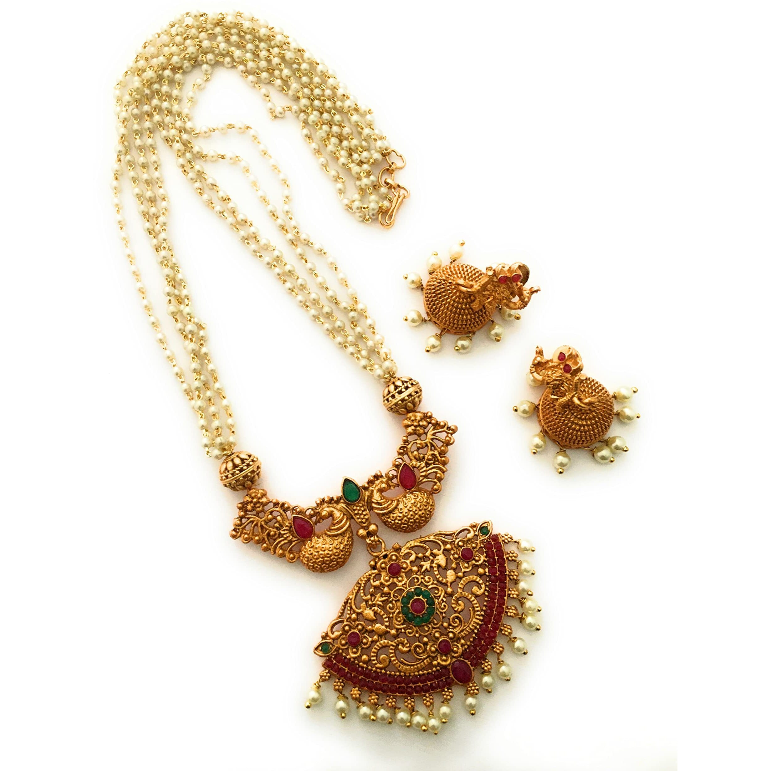 Sasitrends Traditional Gold Plated Pearl Mala Chain with Pedant Earring Jewellery Set for Women and Girls