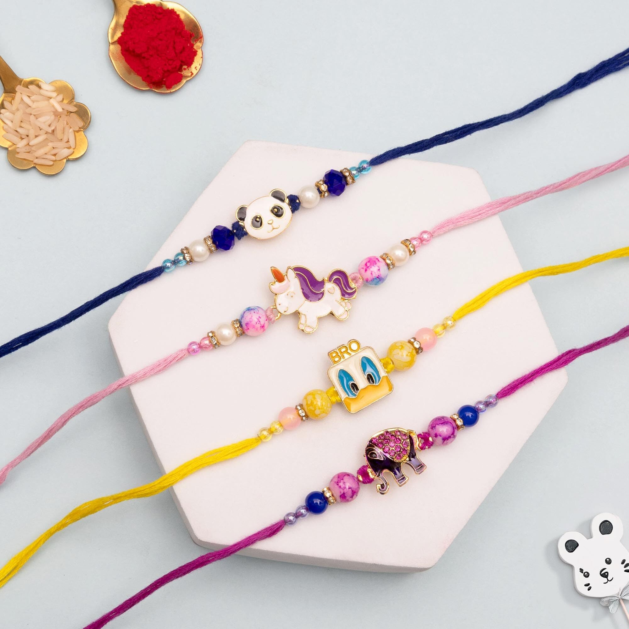 To The Nines Kids Rakhi For Brother With Tilak Material and Greeting Card - Pack of 4 Kids Rakhi