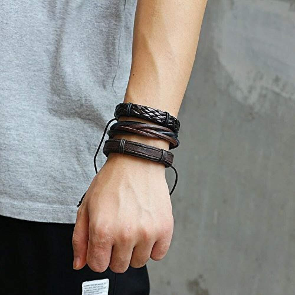 University Trendz 6 PCs Mixed Multi-Layer Genuine Leather Bracelet, Handmade Adjustable Braided Leather Cuff Men & Women