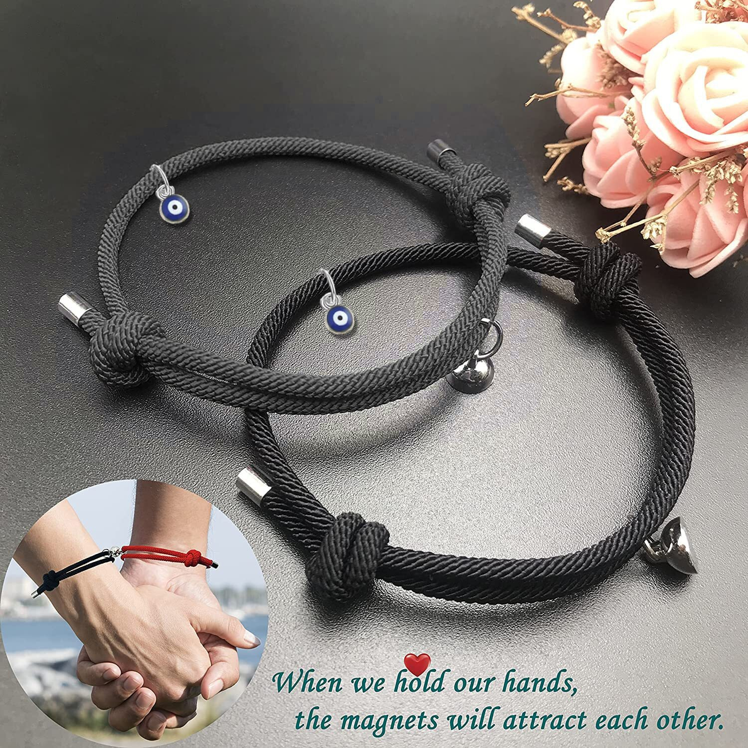 tekme 2PCS Set Evil Eye Bracelets For Women/Men, Matching Bracelets for Couples, Protect your Love/Friendship with the Powerful Evil Eye Bracelet (Black)