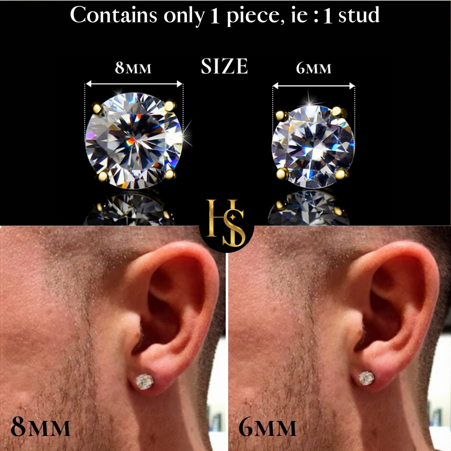 HIGHSPARK 925 Silver Mens Round Solitaire Stud Earring | 92.5 Sterling Silver and Diamond like Brilliance Sparkling Zirconia | Single Stud for Men | Lovely Gift - Gold 6mm