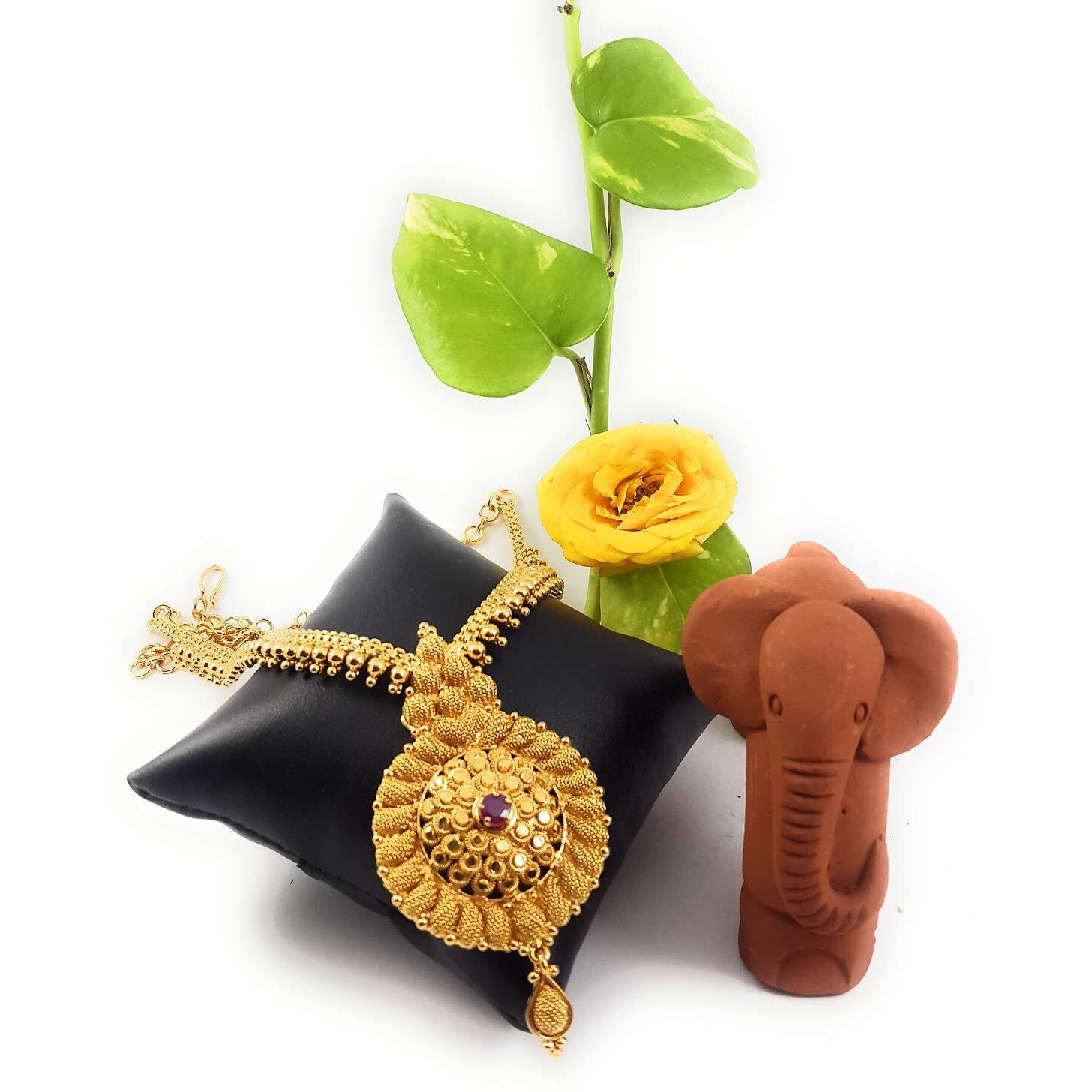 AFJ GOLD Yellow 1 Gram Micro Gold Plated & Copper Traditional Designer Jewellery Stone Necklace for Women (LOT/HALL-03) (Yellow)