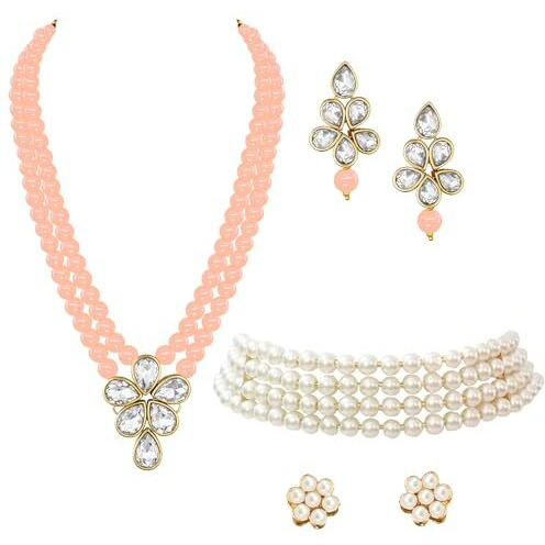Peora Gold Plated Crystal Pearl Long Necklace with Drop Earrings Traditional Ethnic Jewellery Set for Women Girls | Peach & White