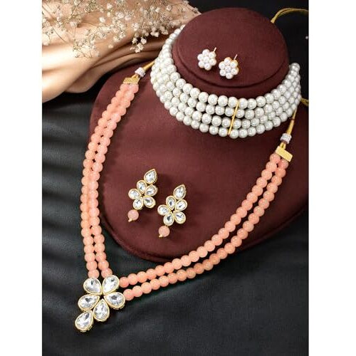 Peora Gold Plated Crystal Pearl Long Necklace with Drop Earrings Traditional Ethnic Jewellery Set for Women Girls | Peach & White