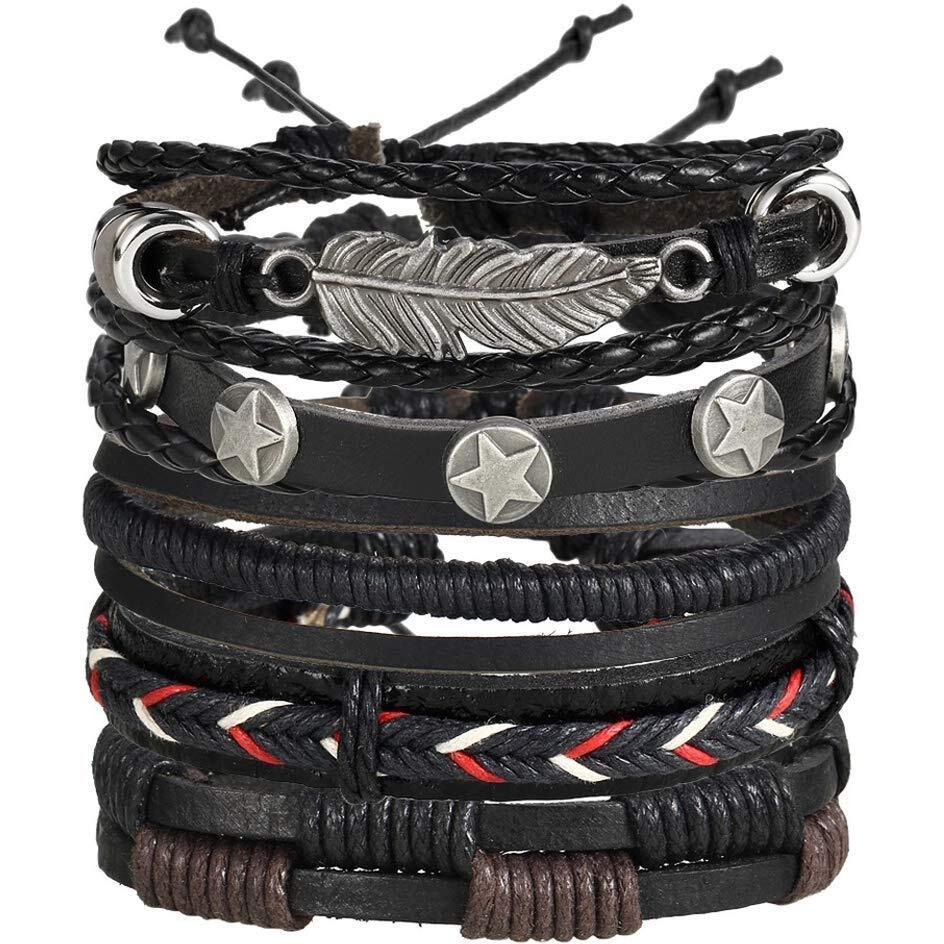University Trendz Black Base Metal Leather Dyed Rope Multi Strand Wrist Band Bracelet for Men & Women(Set of 5)(Black)
