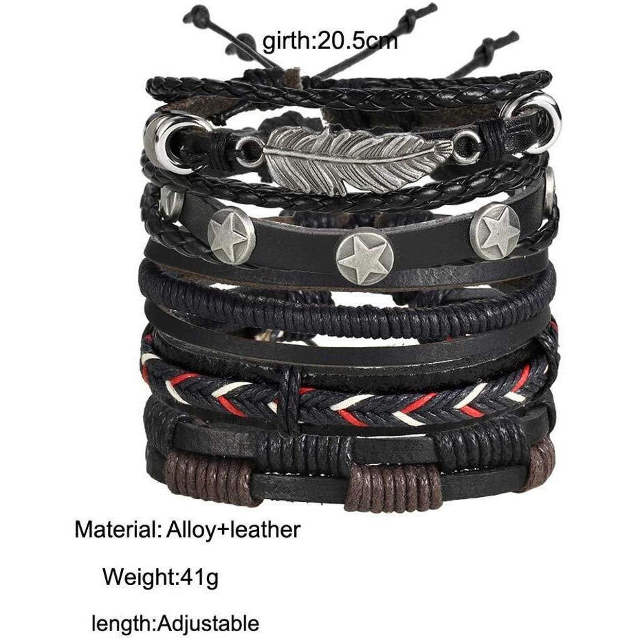 University Trendz Black Base Metal Leather Dyed Rope Multi Strand Wrist Band Bracelet for Men & Women(Set of 5)(Black)