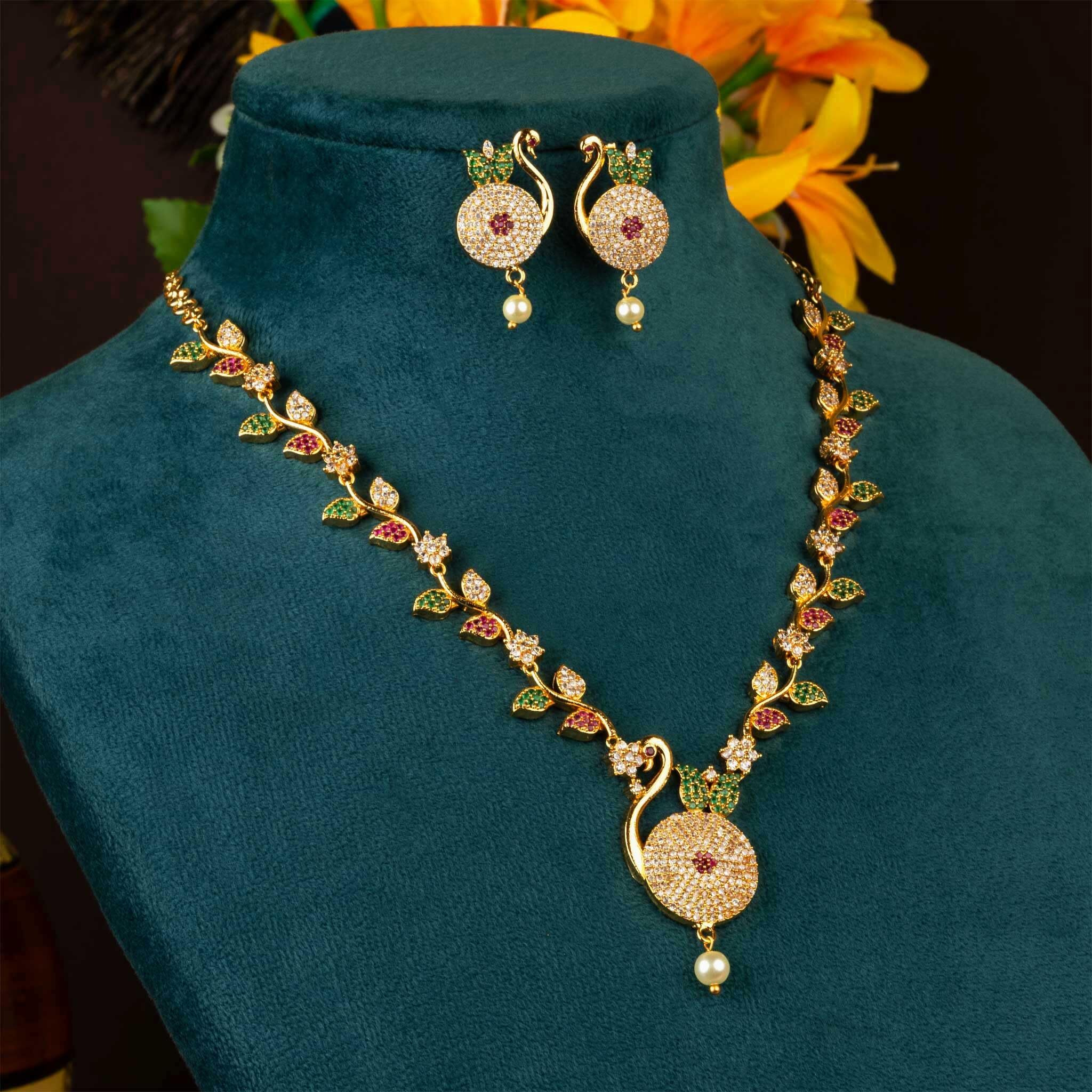 Sasitrends Traditional Micro Gold Plated American Diamond Stone Studded Designer Necklace Jewellery Set for Women & Girls