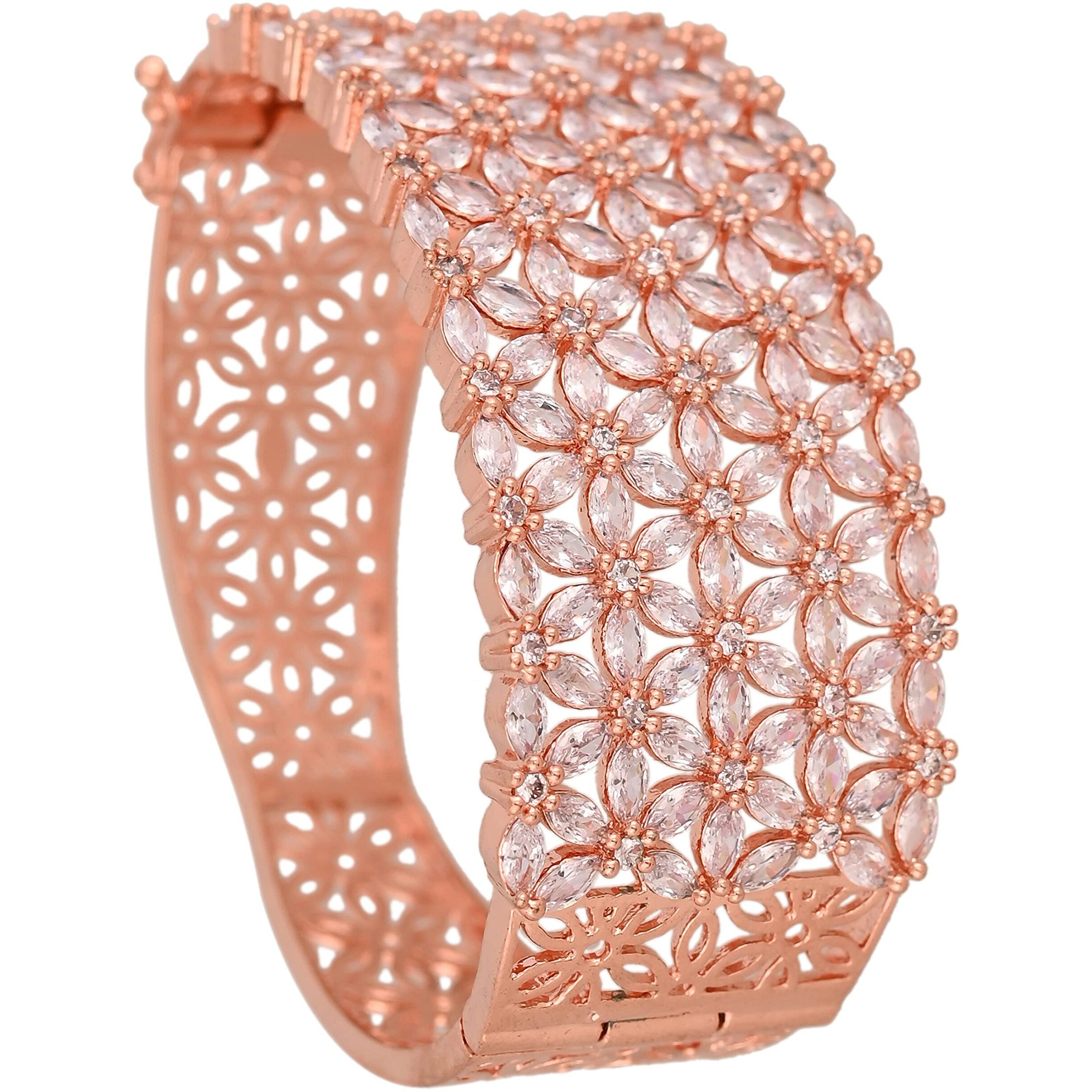 Ratnavali Jewels American Diamond CZ Stone Rose Gold Plated White Openable Broad Bracelet for Girls/Women RV2813RG