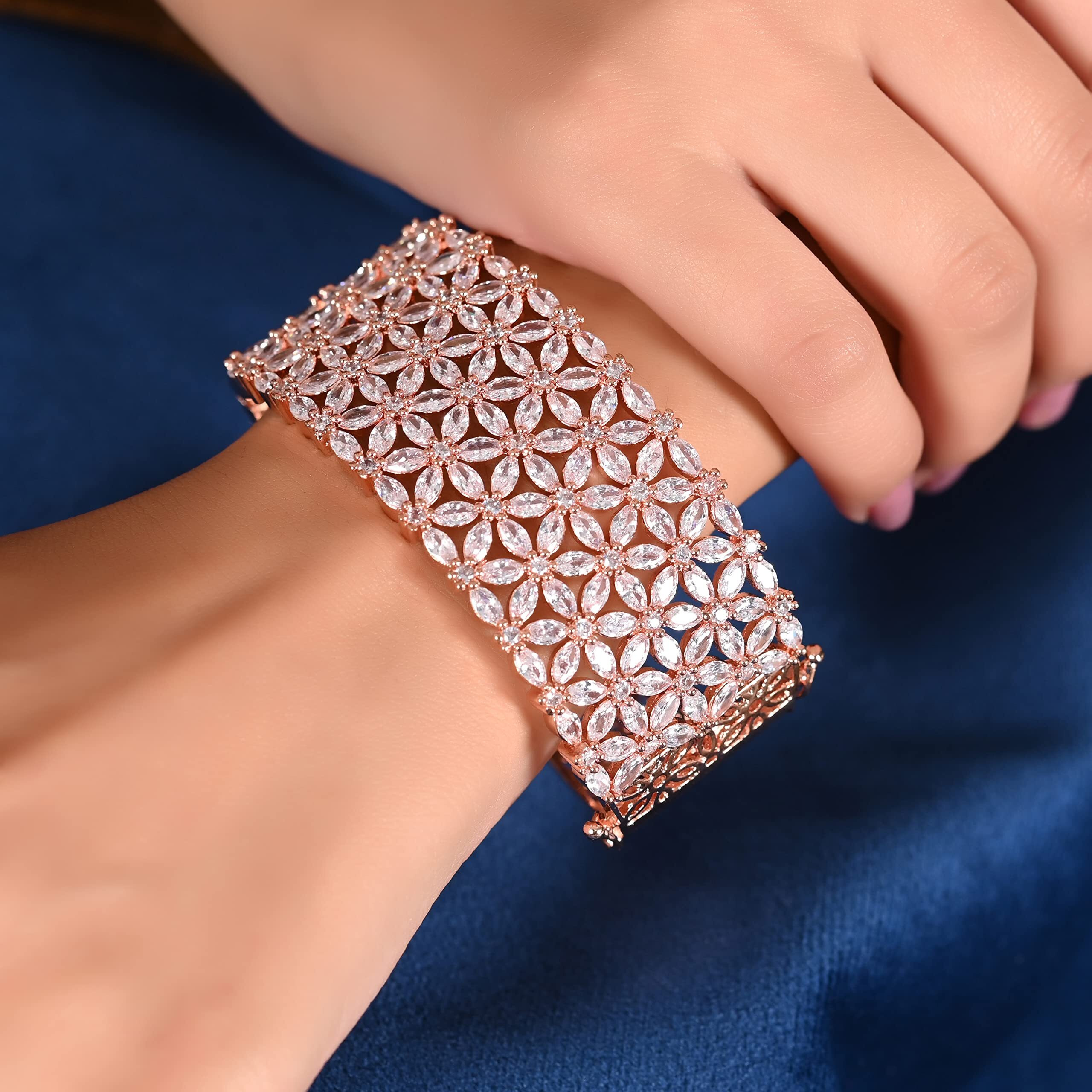 Ratnavali Jewels American Diamond CZ Stone Rose Gold Plated White Openable Broad Bracelet for Girls/Women RV2813RG