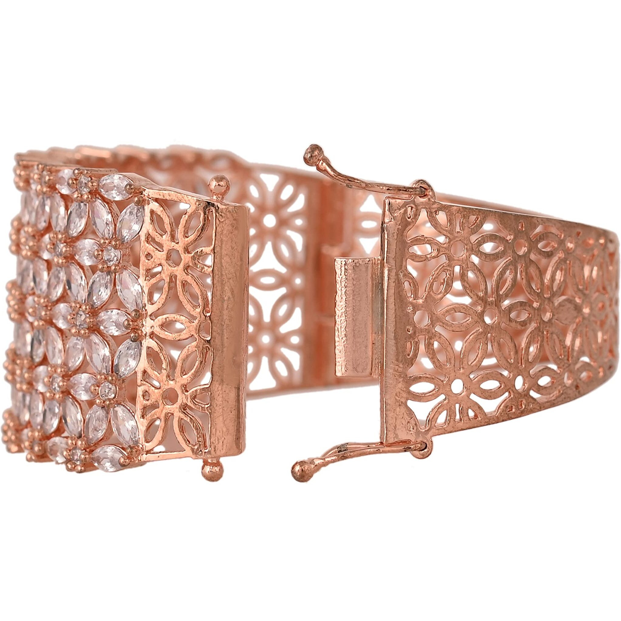 Ratnavali Jewels American Diamond CZ Stone Rose Gold Plated White Openable Broad Bracelet for Girls/Women RV2813RG