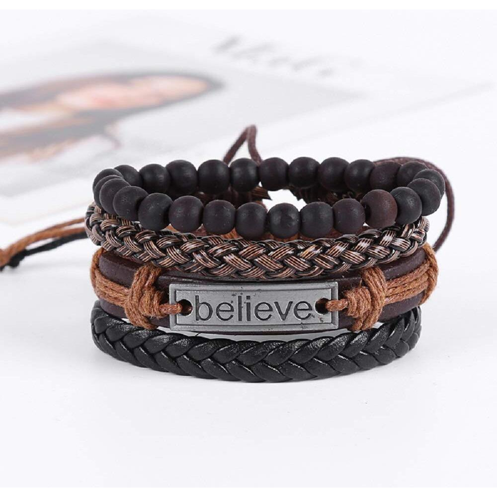 University Trendz Stylish PU Leather Stone Beads Inspirational Believe Words Charm Wrist Band Multi Strand Bracelet for Men and Boys (Set of 4)