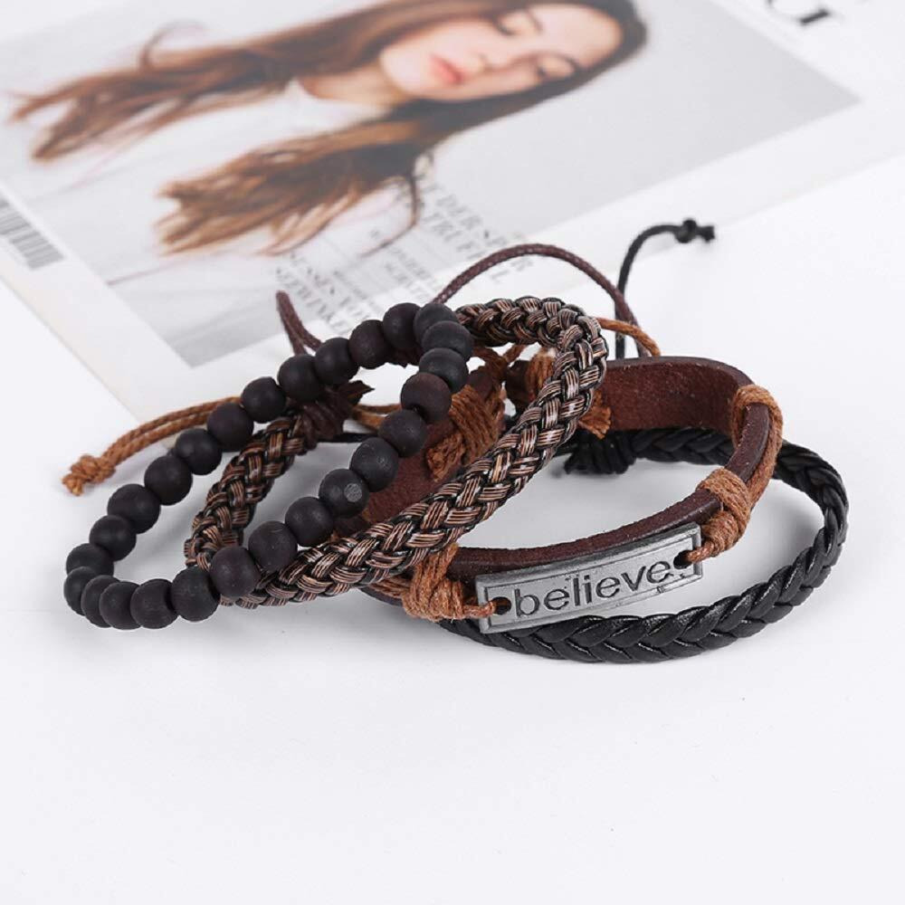 University Trendz Stylish PU Leather Stone Beads Inspirational Believe Words Charm Wrist Band Multi Strand Bracelet for Men and Boys (Set of 4)