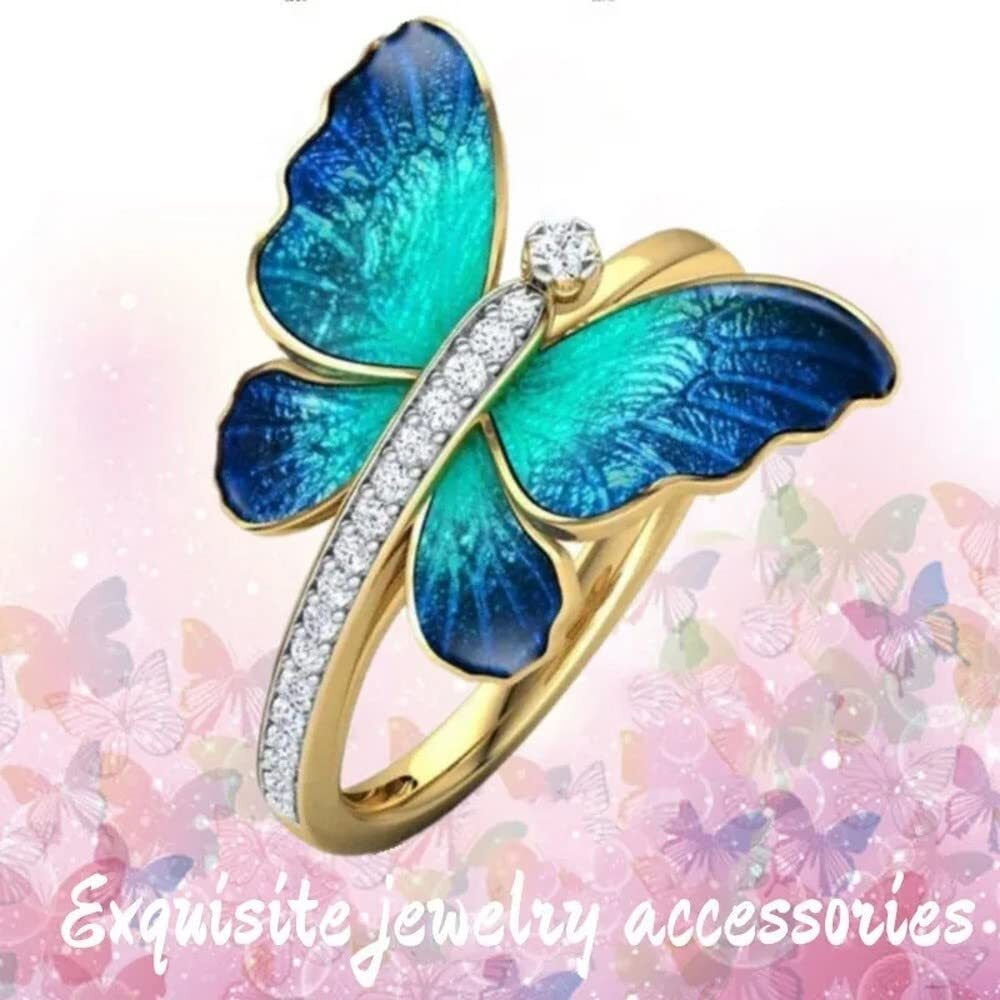 University Trendz Copper Gold Plated Zirconias Studded Blue Enamel Colorful Open Butterfly Ring for Women and Girls