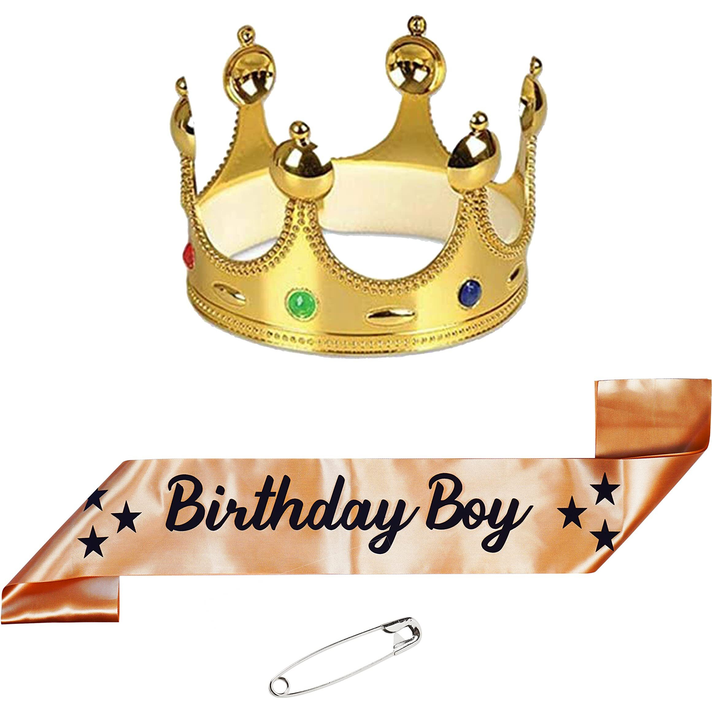 Decofy Birthday Boy Sash & Crown With Pin- Set of 3 Birthday Boy Sash & King Crown | Golden Sash of Birthday Boy For Kids, Mens