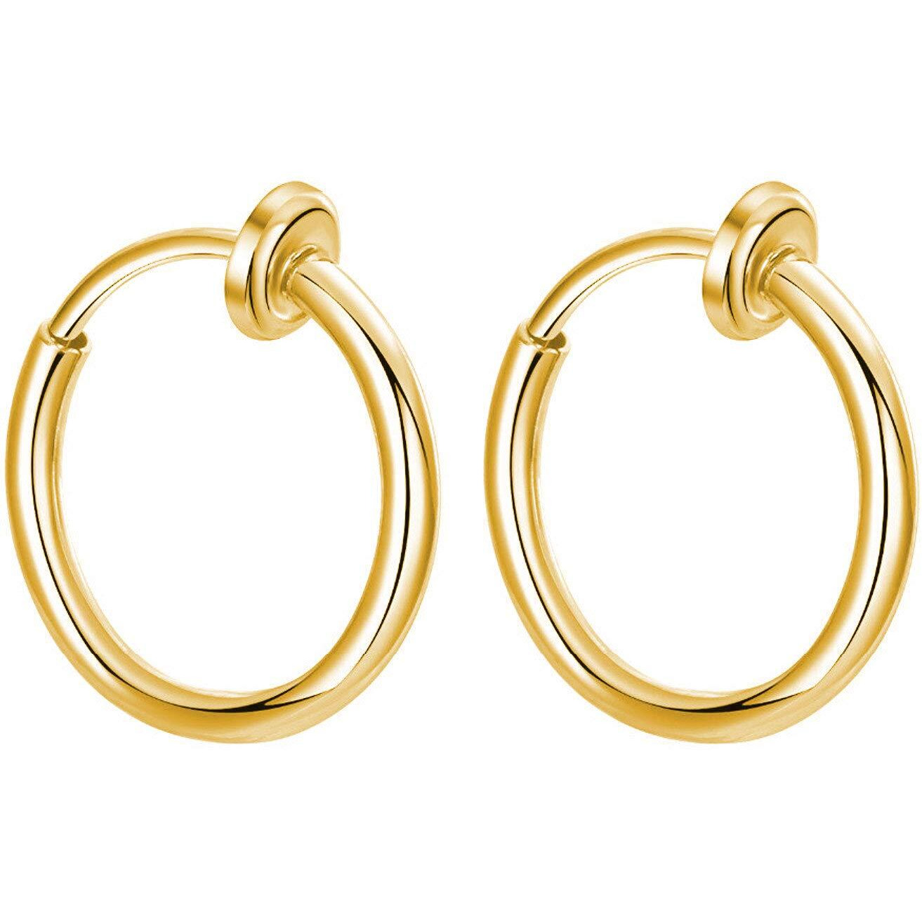Via Mazzini Non-Pierced 13mm Clip On Hoops Fake Silver Earrings/Lip Nose Belly Eyebrow Earrings Body Jewellery For Men & Women (1 Pair) (Gold)