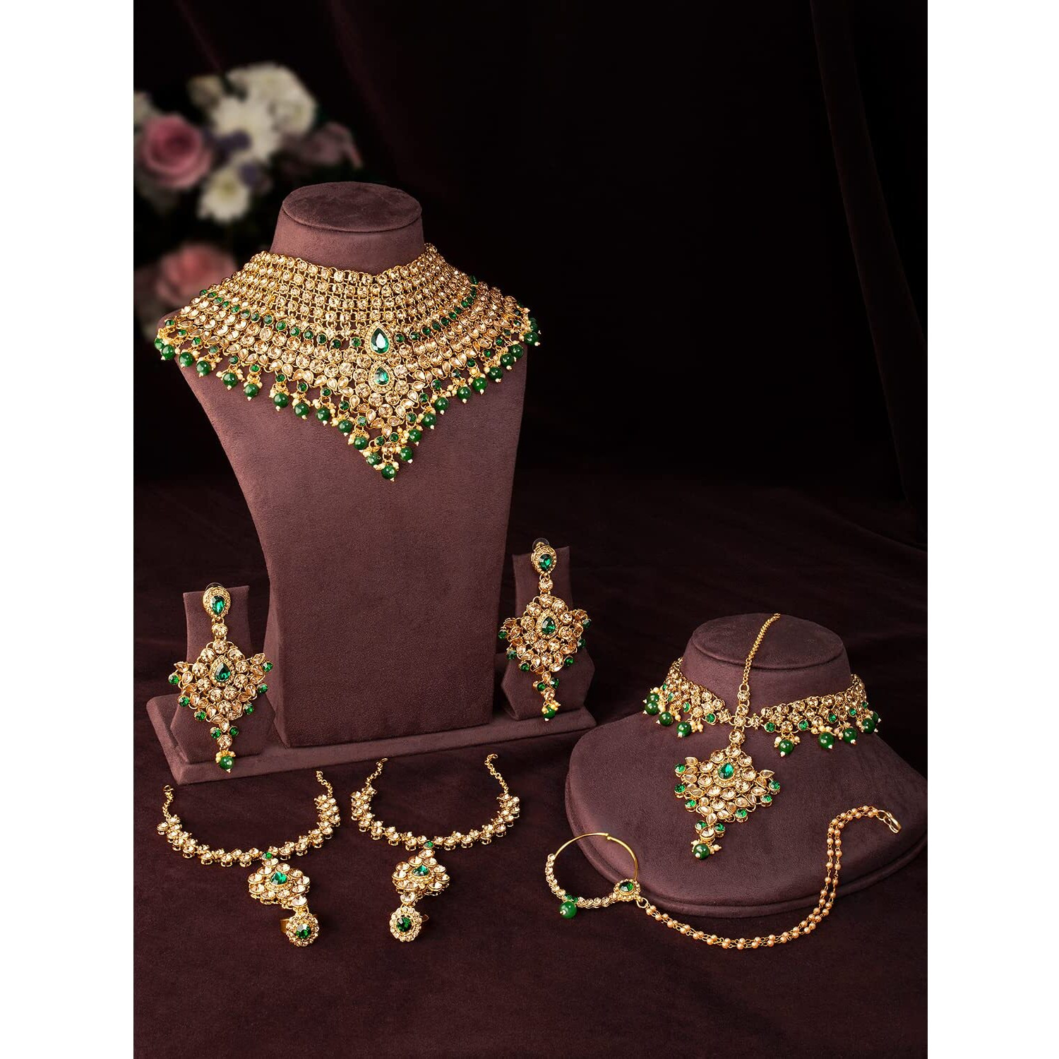Peora Gold Plated American Diamond Jodha Akbar Bridal Choker Necklace Earrings Maangtikka Nathiya Haathpanja Traditional Jewellery Set for Women Girls