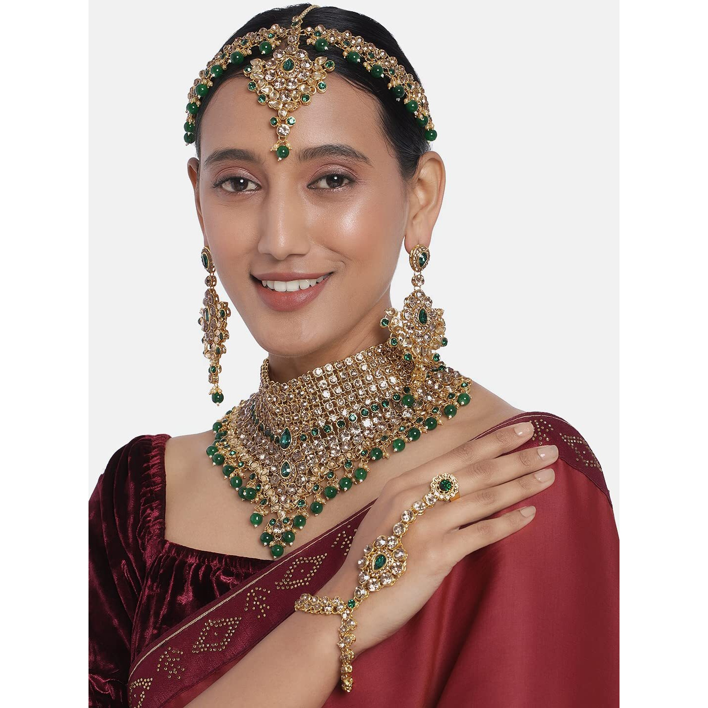 Peora Gold Plated American Diamond Jodha Akbar Bridal Choker Necklace Earrings Maangtikka Nathiya Haathpanja Traditional Jewellery Set for Women Girls