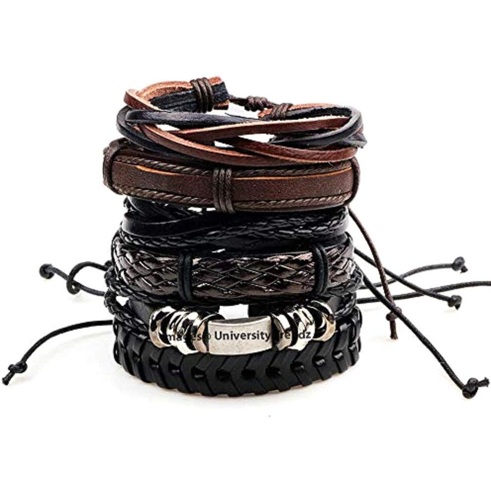 University Trendz Wrap Real Leather Base Metal Bracelet for Men (Brown) - Pack of 6 Pieces