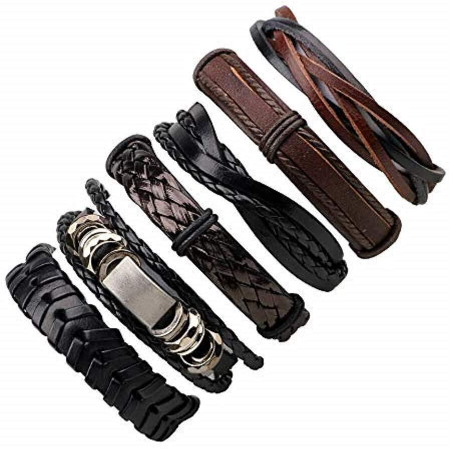 University Trendz Wrap Real Leather Base Metal Bracelet for Men (Brown) - Pack of 6 Pieces