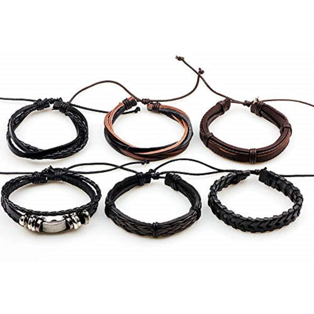University Trendz Wrap Real Leather Base Metal Bracelet for Men (Brown) - Pack of 6 Pieces