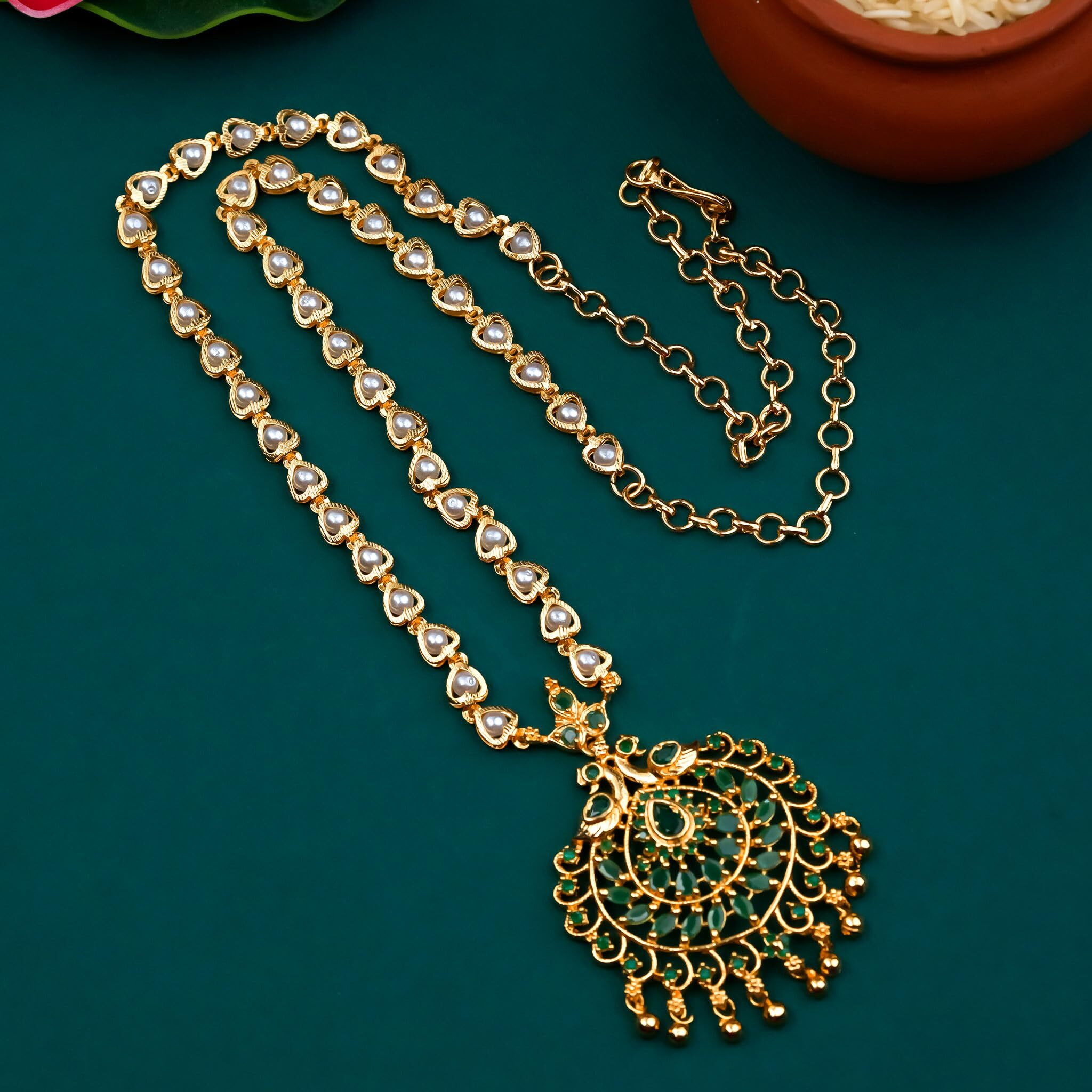 Sasitrends One Gram Micro Gold Plated Peacock Pendant Pearl Chain Necklace for Women and Girls