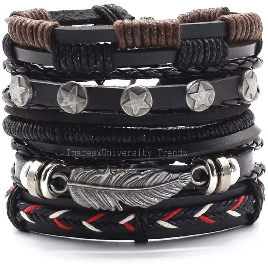 University Trendz 5 PCS Braided Multilayer Adjustable Unisex Leather Bracelet Wrap for Men Women (Black)