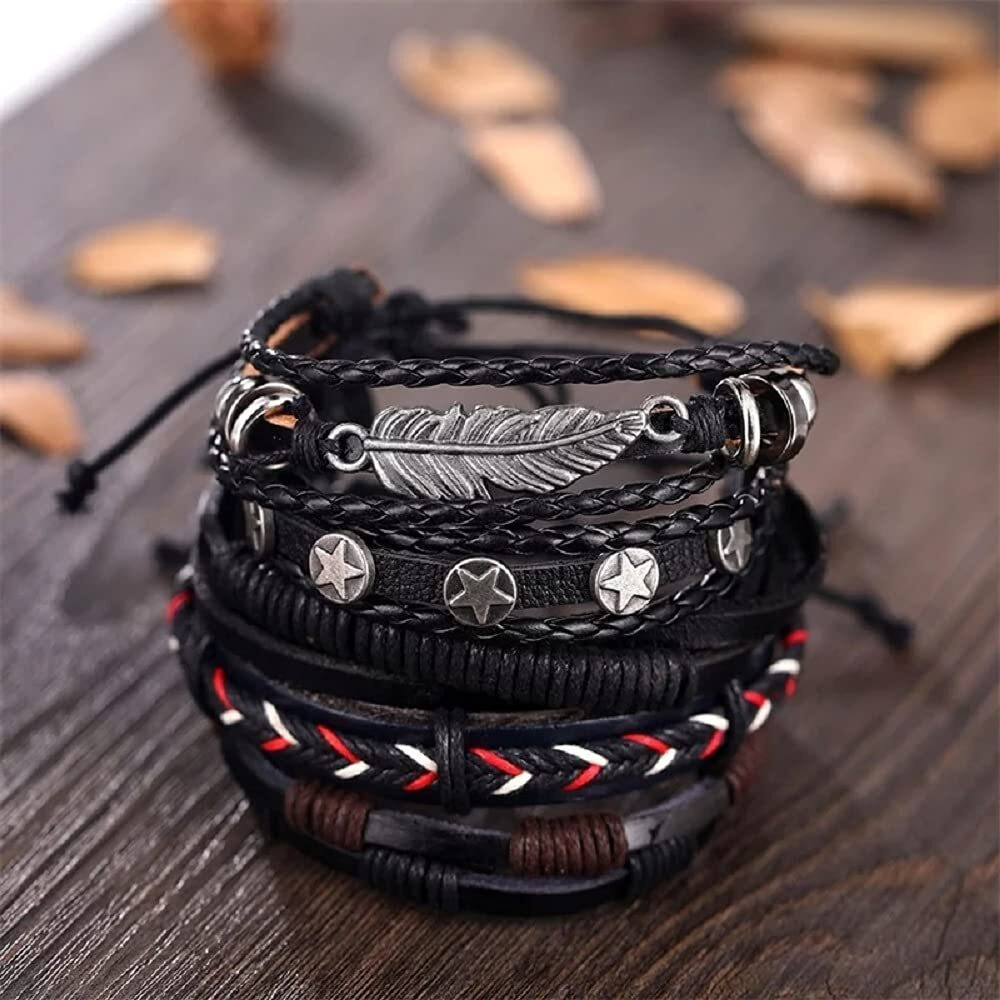 University Trendz 5 PCS Braided Multilayer Adjustable Unisex Leather Bracelet Wrap for Men Women (Black)
