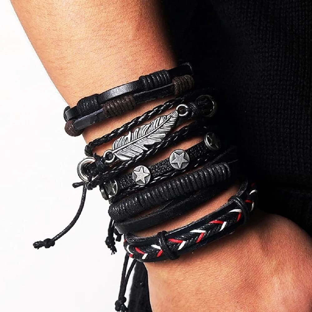 University Trendz 5 PCS Braided Multilayer Adjustable Unisex Leather Bracelet Wrap for Men Women (Black)