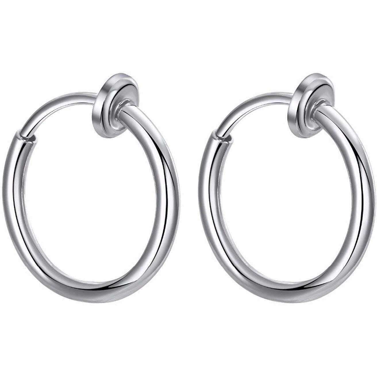 Via Mazzini Non-Pierced 13mm Clip On Hoops Fake Silver Earrings/Lip Nose Belly Eyebrow Earrings Body Jewellery For Men & Women (1 Pair) (Silver)