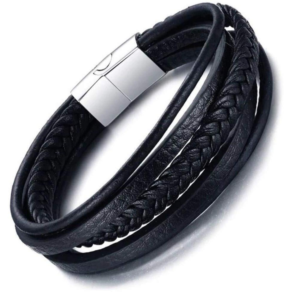 University Trendz Mens Latest Collection Cross Impression Genuine Leather Bracelet (Black)