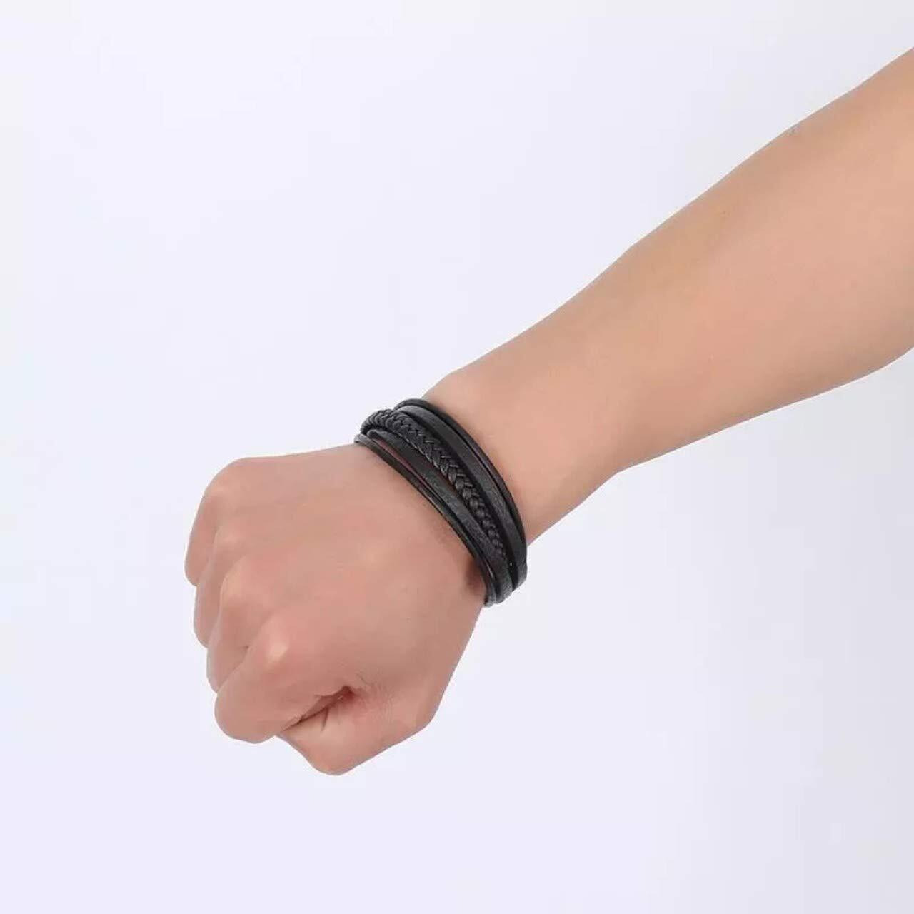 University Trendz Mens Latest Collection Cross Impression Genuine Leather Bracelet (Black)