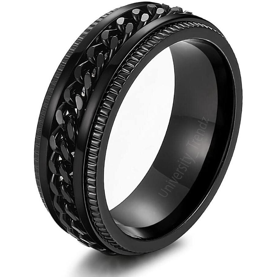 University Trendz Black Fidget Spinner Band Rings for Men & Boys - Cool Stainless Steel Spinning Ring (Black)