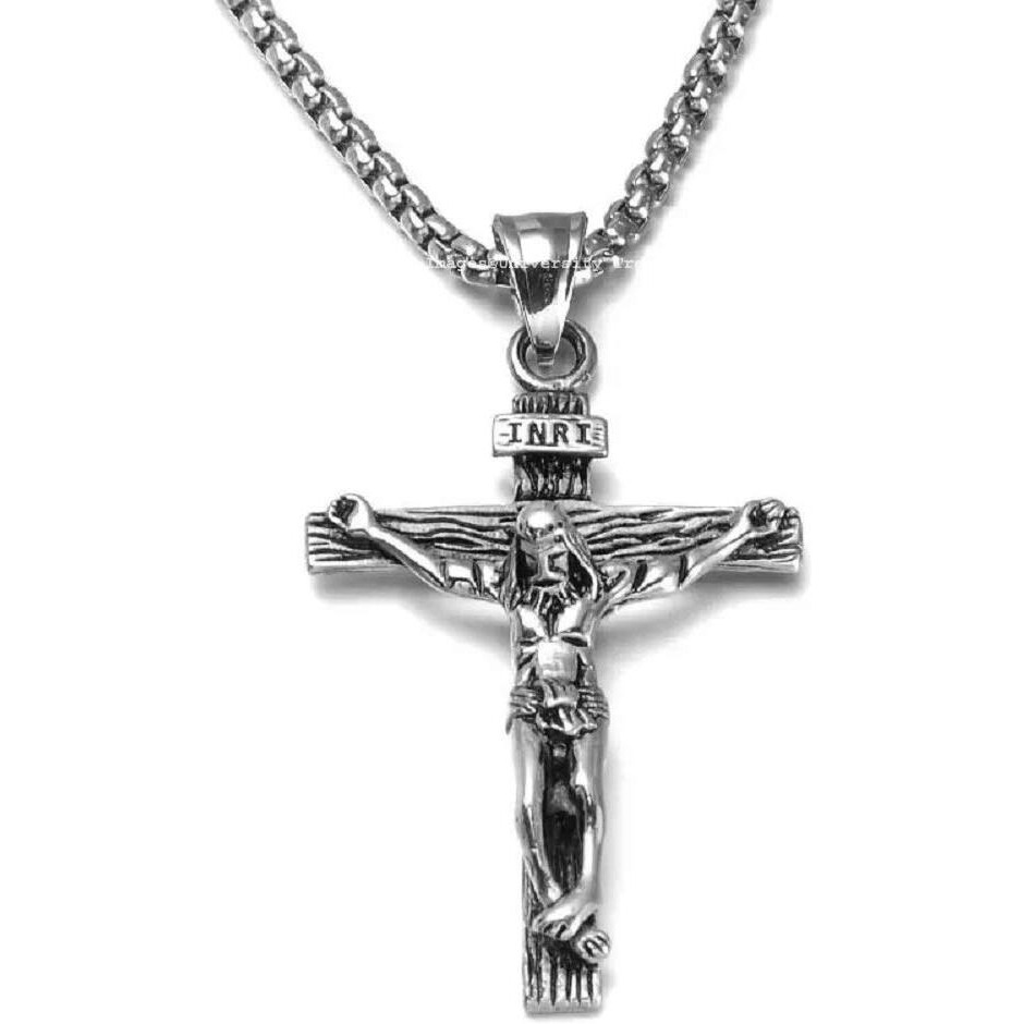 University Trendz Stainless Steel Jesus Christ Cross Catholic Cutting Christian Antique Locket Pendant for Men and Women (Silver) (Style 2)