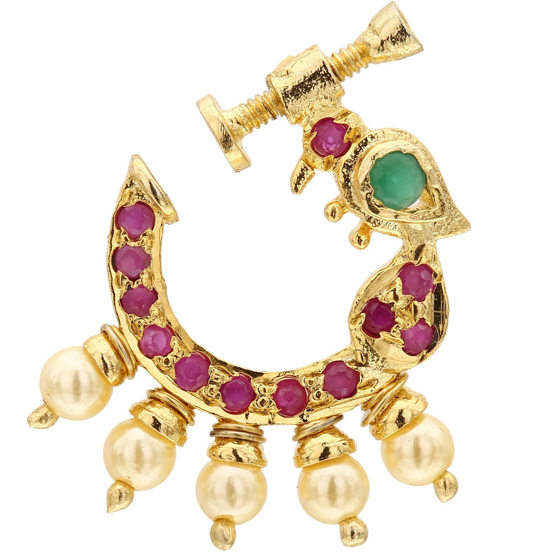 Sasitrends Present Peacock Design Non-Piercing Screw Press Nose Pin for Women and Girls (Ruby and Green)