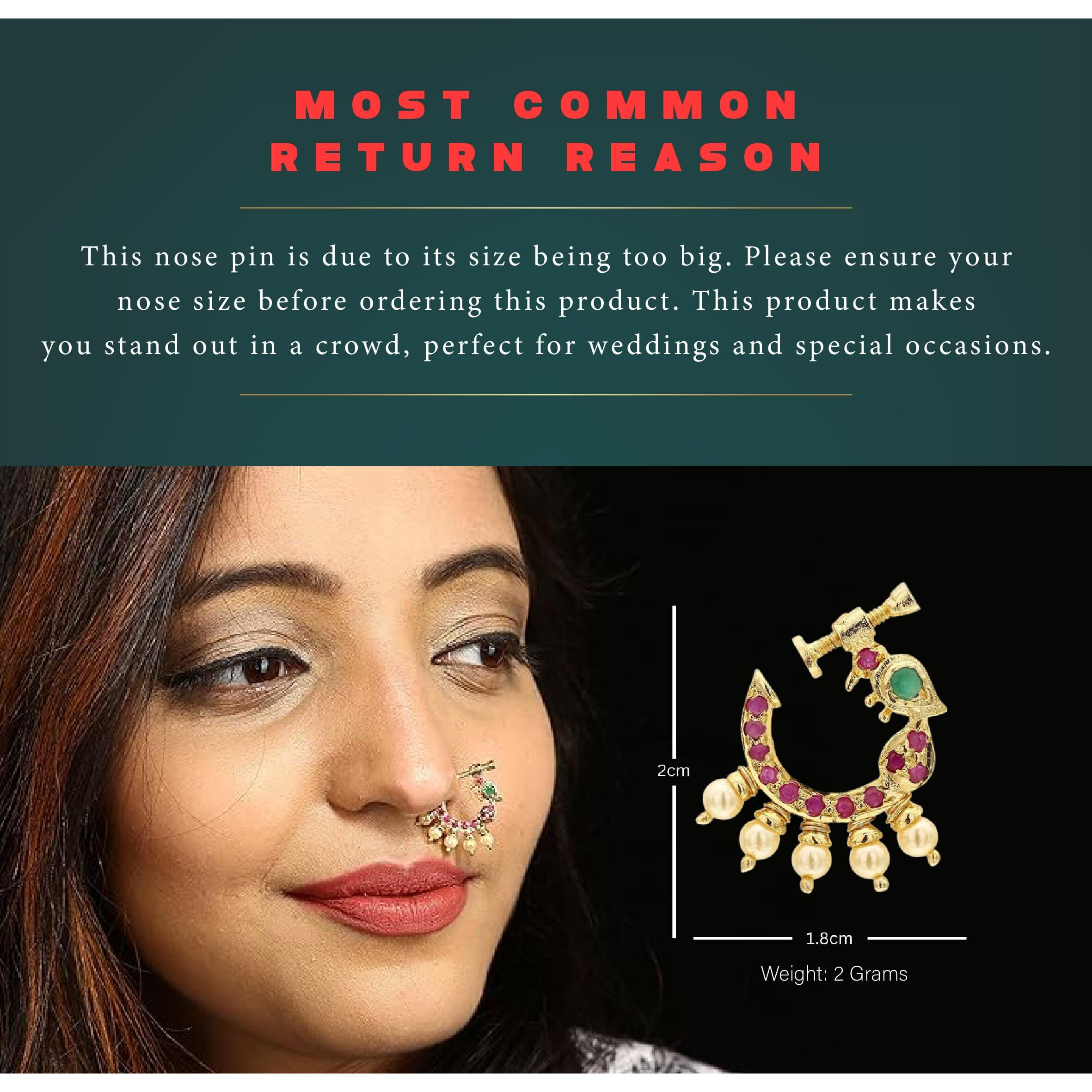 Sasitrends Present Peacock Design Non-Piercing Screw Press Nose Pin for Women and Girls (Ruby and Green)