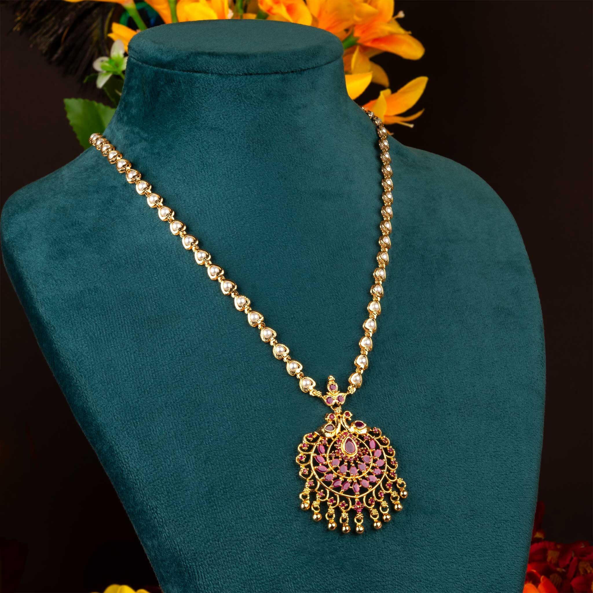 Sasitrends One Gram Micro Gold Plated Peacock Pendant Pearl Chain Necklace for Women and Girls