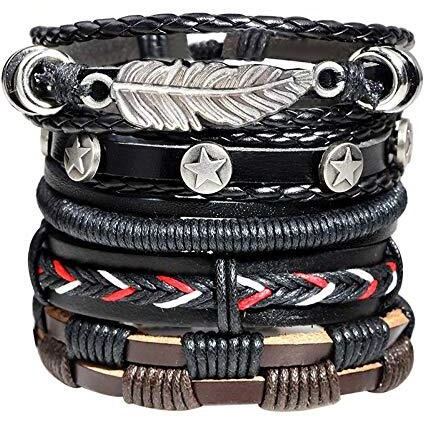 University Trendz Leather Base Metal Bracelet for Men (Pack of 5 ) (Black)