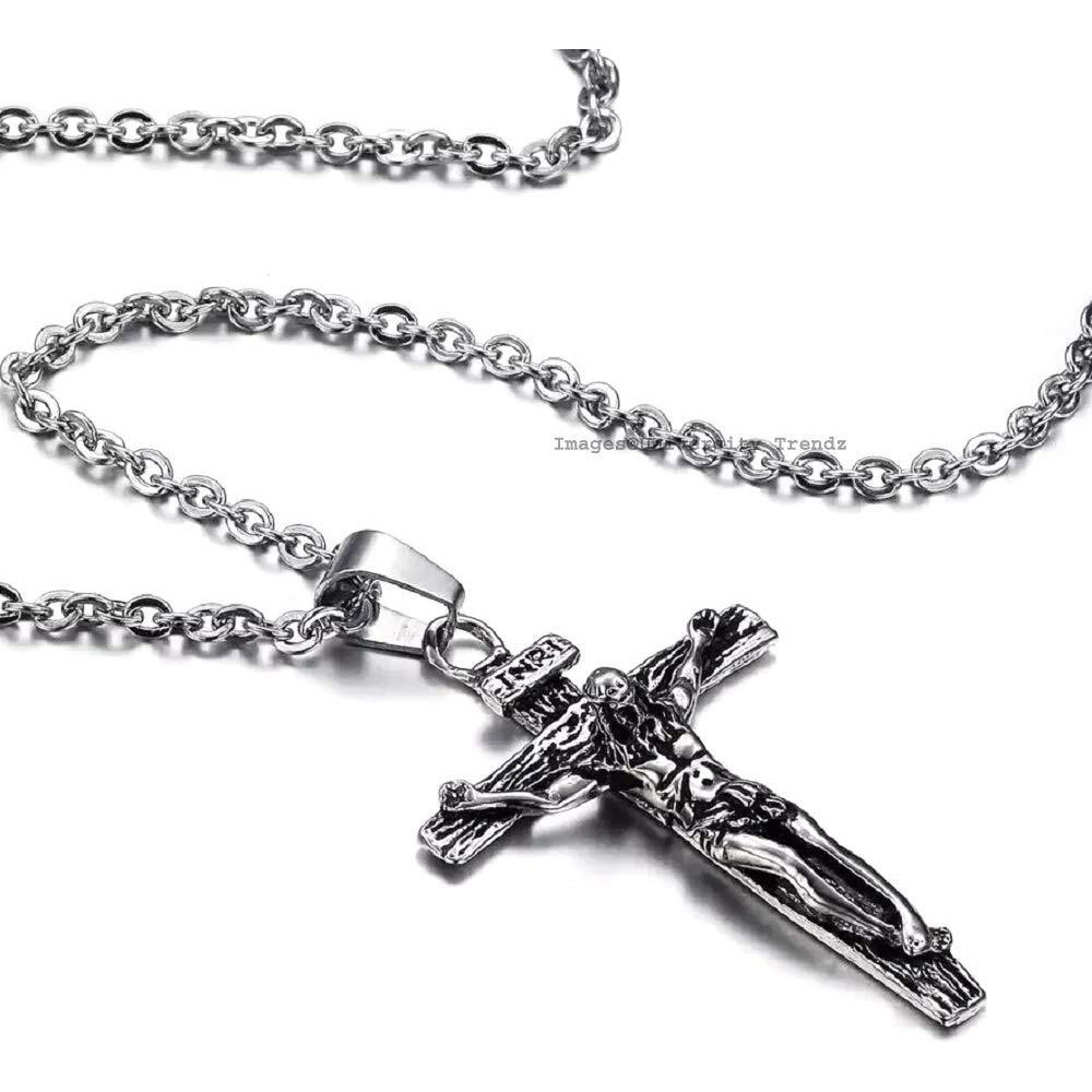 University Trendz Stainless Steel Jesus Christ Cross Catholic Cutting Christian Antique Locket Pendant for Men and Women (Silver) (Style 1)
