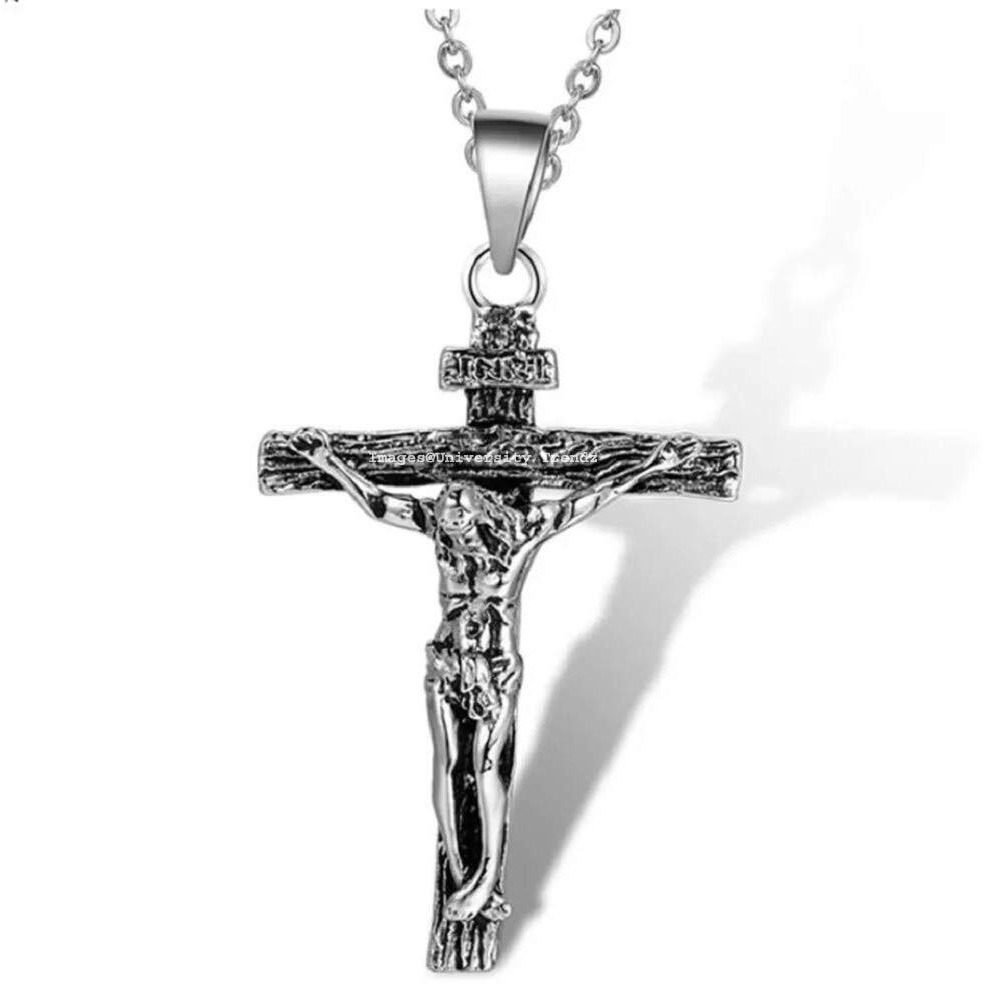 University Trendz Stainless Steel Jesus Christ Cross Catholic Cutting Christian Antique Locket Pendant for Men and Women (Silver) (Style 1)