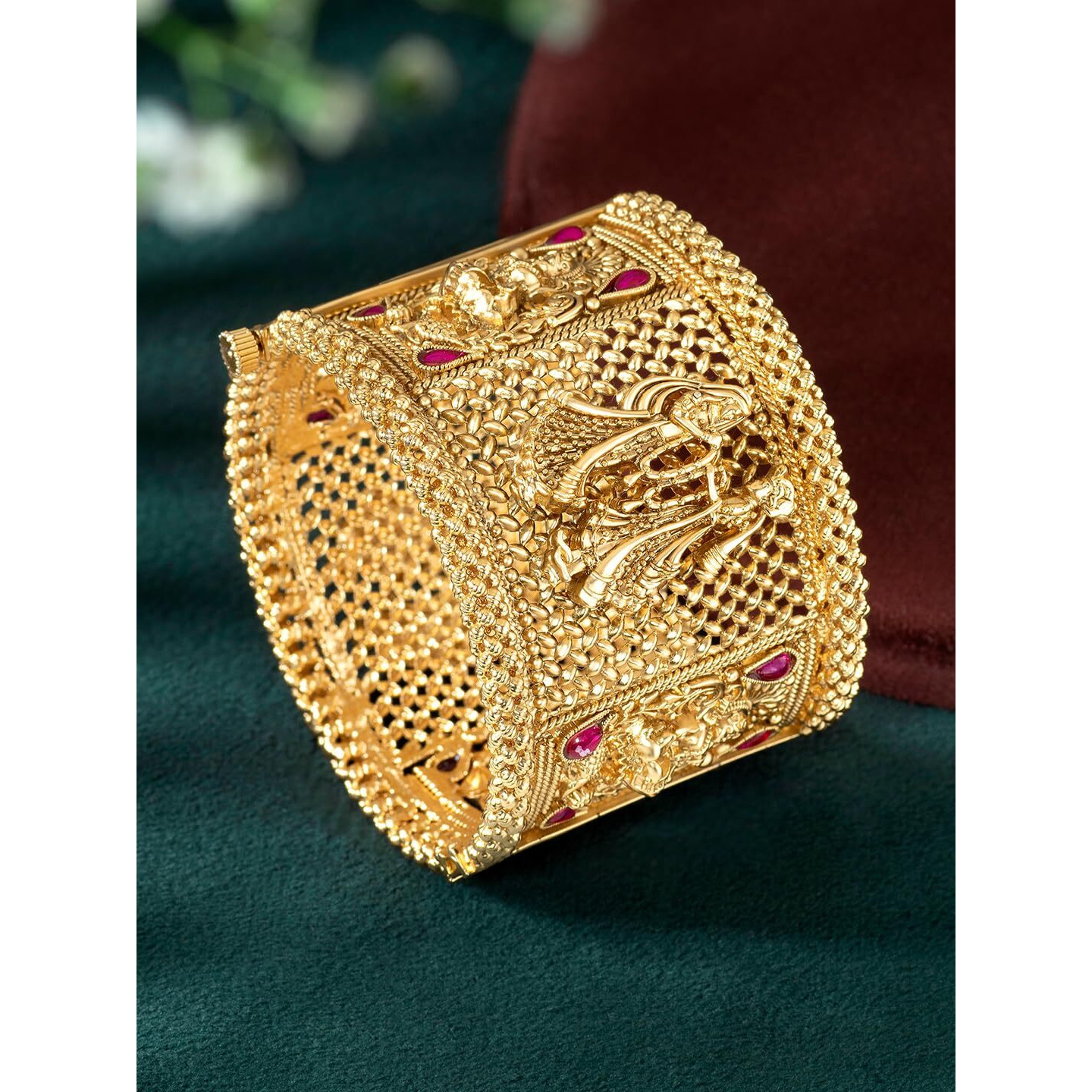 Peora Gold Plated Single Piece Openable Traditional Bangle Jewellery for Women Goddess Bride Groom Motif (Size- 2.4 inch)