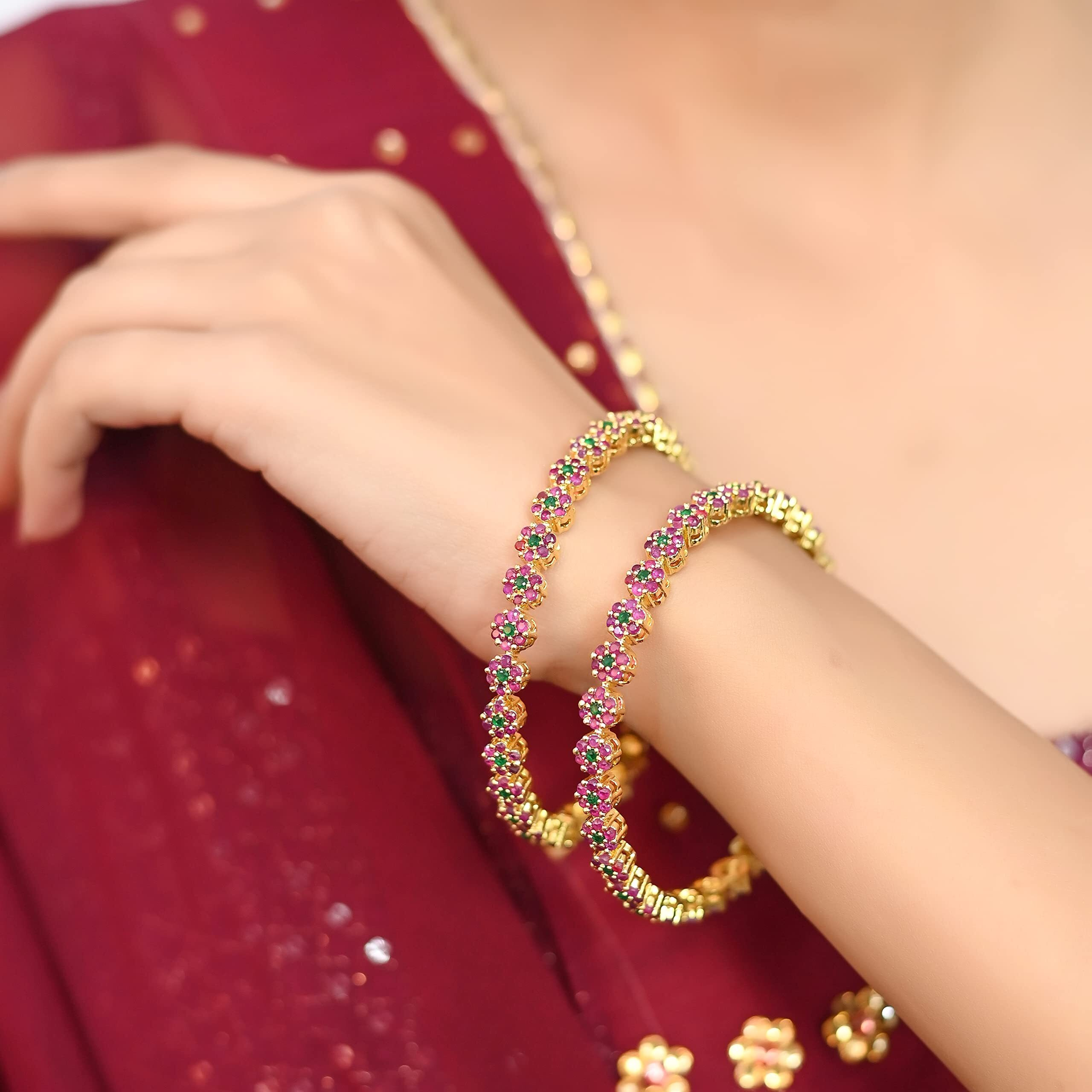 Ratnavali Jewels American Diamond CZ Studded Gold Plated Red Green Bangles for Women/Girls RV3214RG-2.4