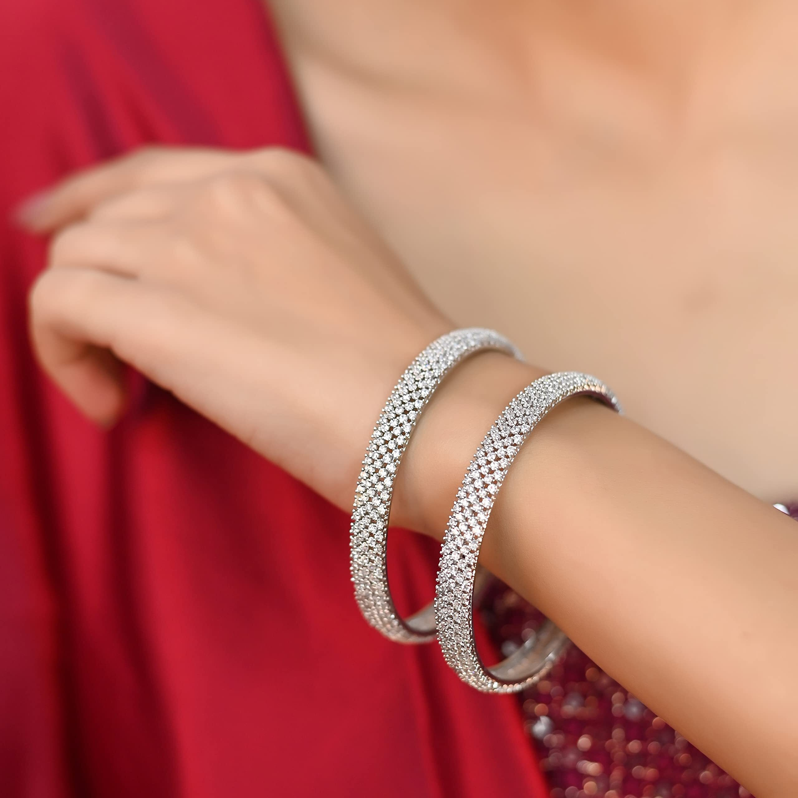 Ratnavali Jewels Silver Plated American Diamond White Traditional Bangles for Women/Girls RV3386W-2.10