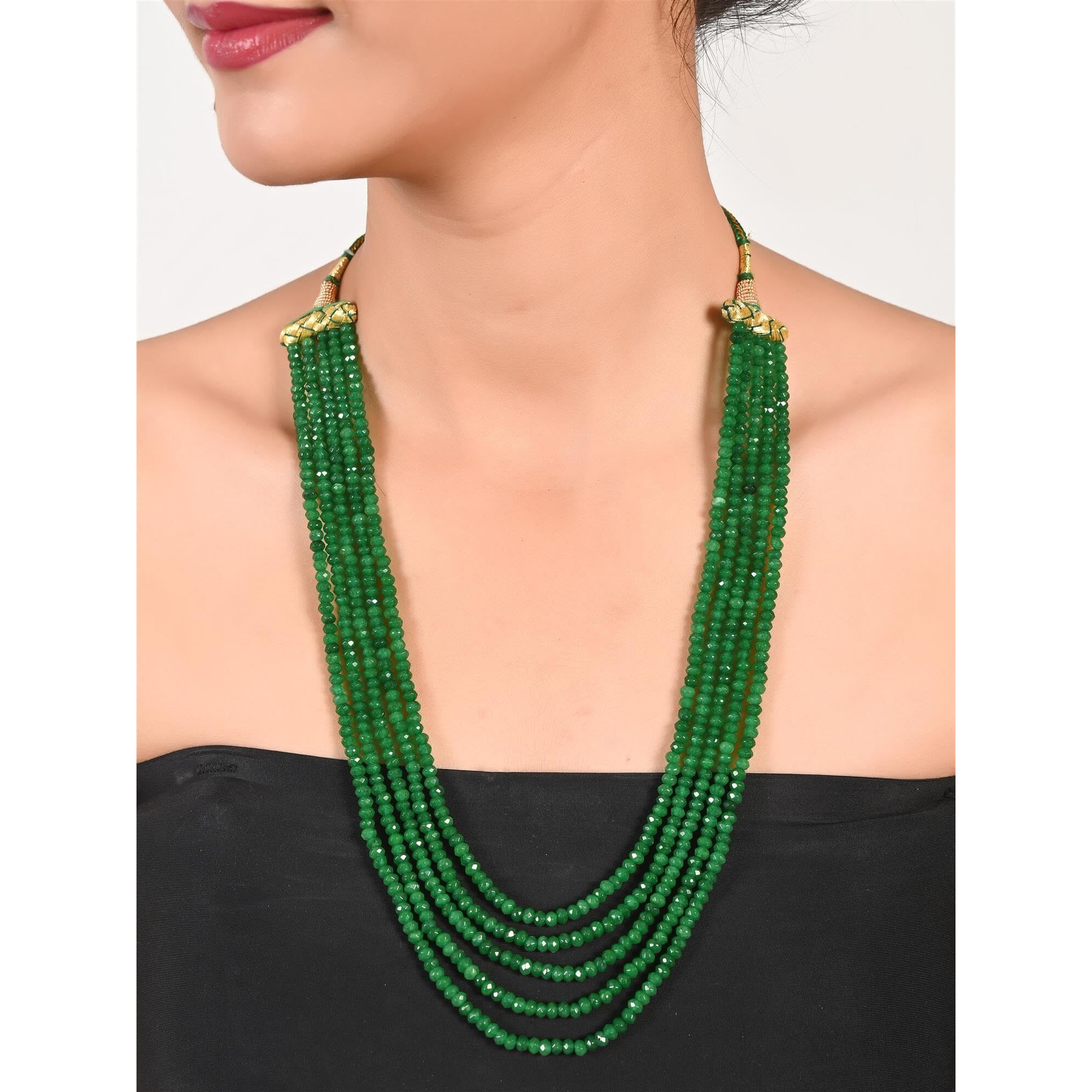 Ratnavali Jewels Five Layer Real Emerald Green Onyx Stone Beads Necklace for Women and Girls (Five Layer RV2223G)