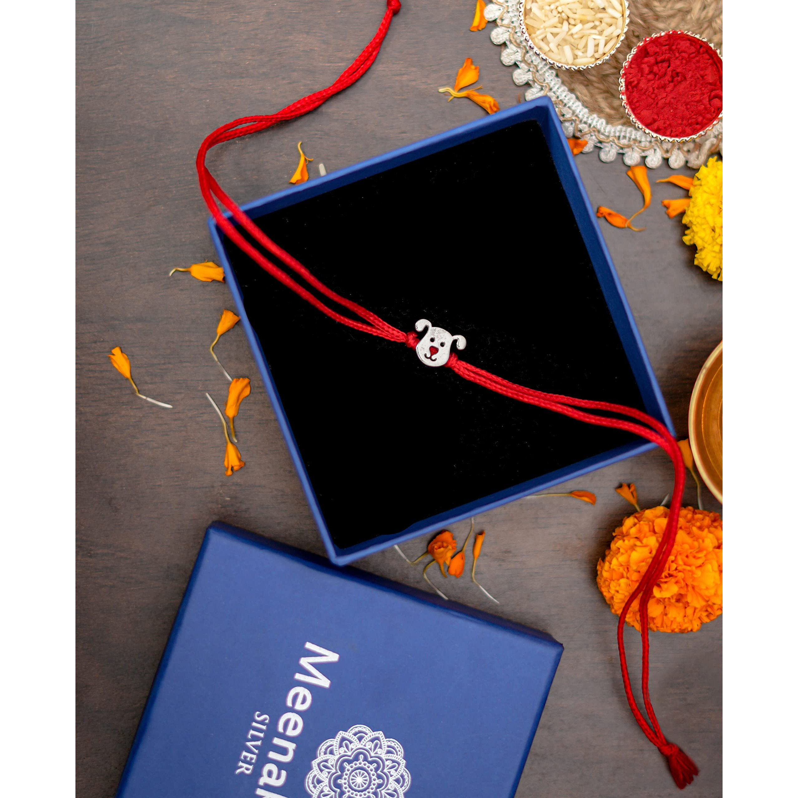 Meenakari Sterling Silver cartoon Kids rakhi (Boys and girls) Roli Chawal and Rakshabandhan greeting card (Teddy, Sterling Silver)
