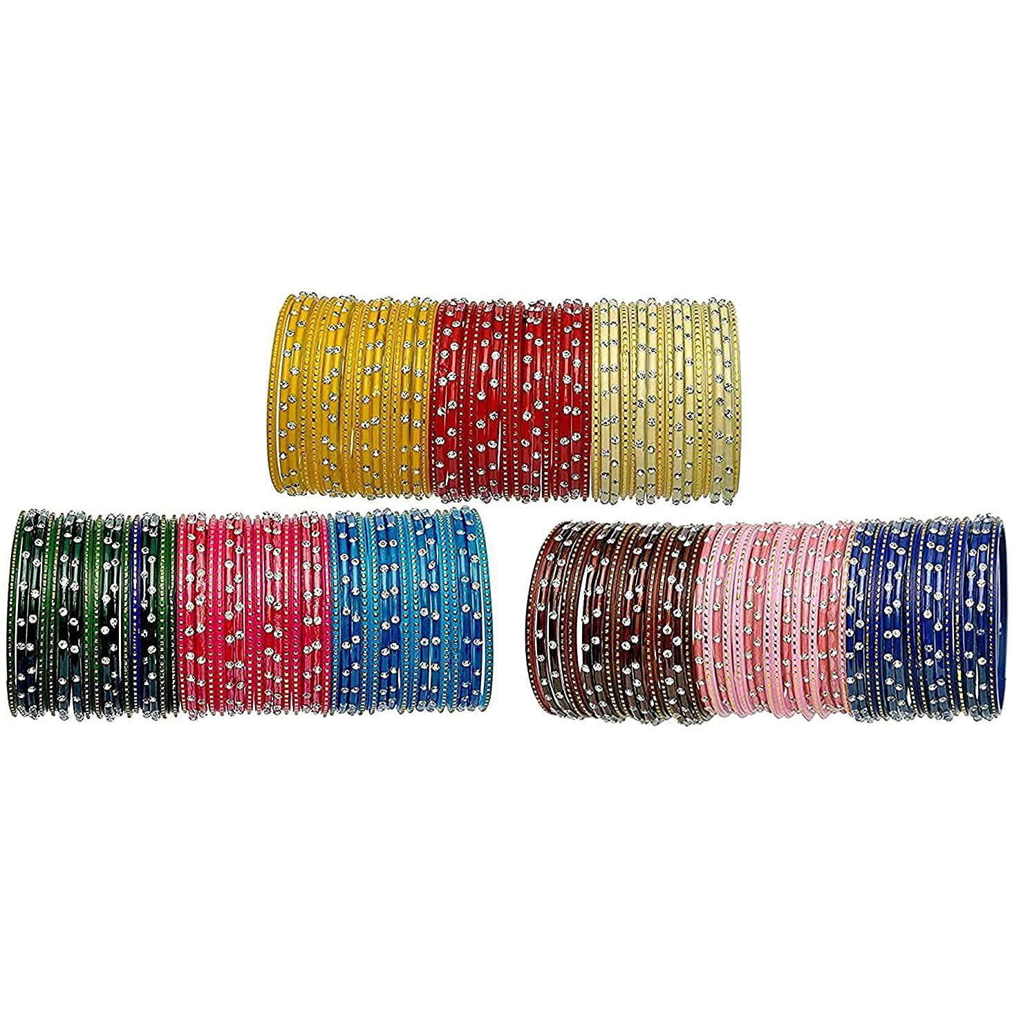 NMII Glass with Zircon Gemstone Studded worked Glossy Finished Bangle Set For Women and Girls, (F4_Multicolour_2.6 Inches), Pack Of 144 Bangles