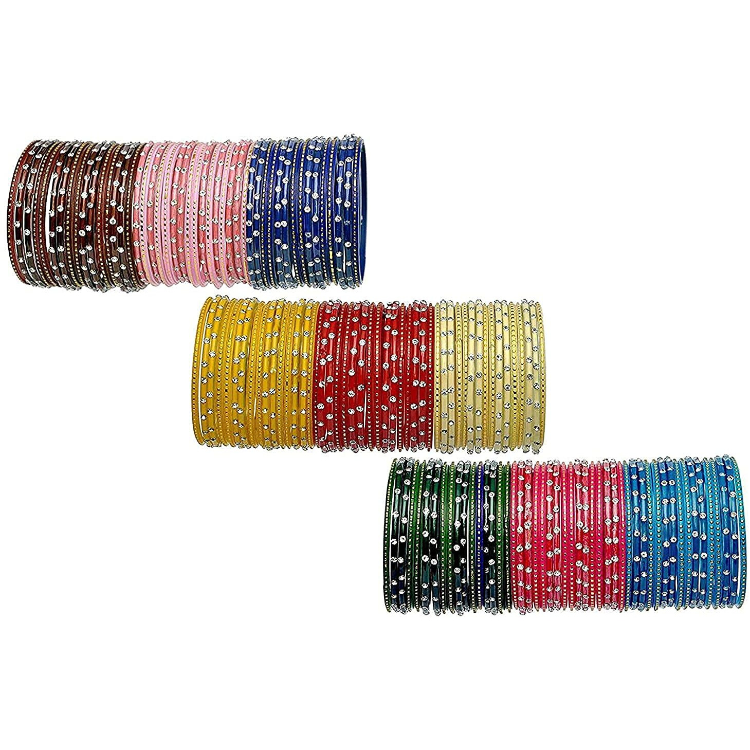 NMII Glass with Zircon Gemstone Studded worked Glossy Finished Bangle Set For Women and Girls, (F4_Multicolour_2.6 Inches), Pack Of 144 Bangles